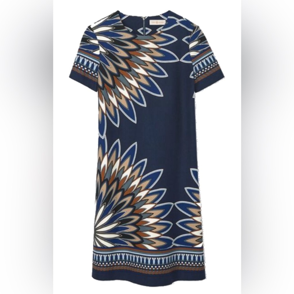 Tory Burch Mariana Deco Fan-Print Short-Sleeve shift Dress Royal Navy/Eden Jet M